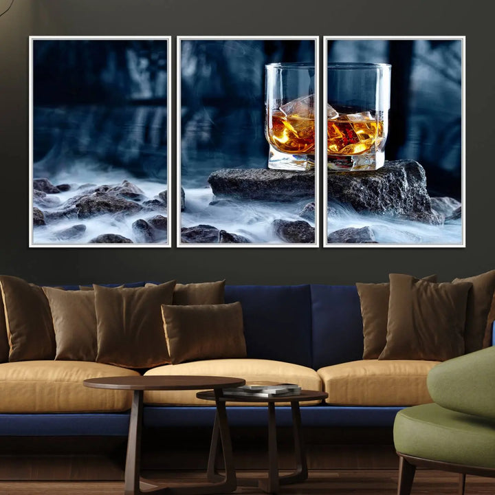 Whiskey Ice Wall Art Canvas Print adorns the wall.