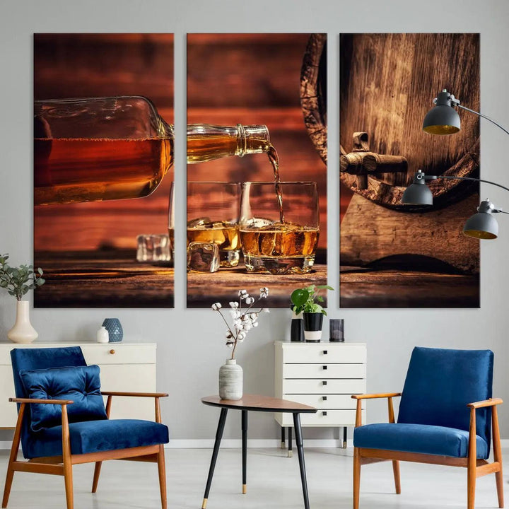 Whiskey and Cigar Canvas Wall Art | 3 Panel Bar Room Decor for Home Lounge, Office, or Man Cave | Premium Ready-to-Hang Artwork