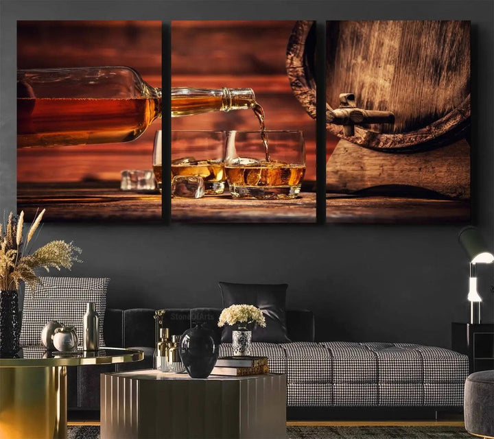 Whiskey and Cigar Canvas Wall Art | 3 Panel Bar Room Decor for Home Lounge, Office, or Man Cave | Premium Ready-to-Hang Artwork