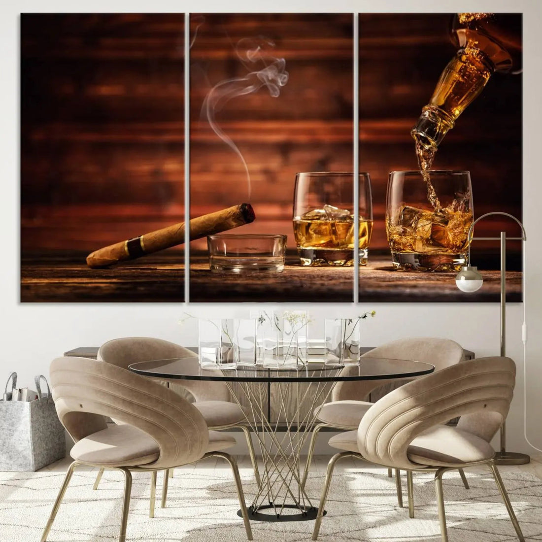 Whiskey and Cigar Canvas Wall Art | 3 Panel Bar Room Decor