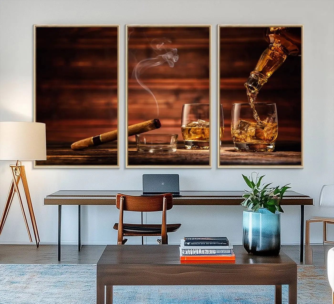 41139-MGV-FC-48X32-3P_Natural-Whiskey and Cigar Canvas Wall Art | 3 Panel Bar Room Decor for Home Lounge, Office, or Man Cave |