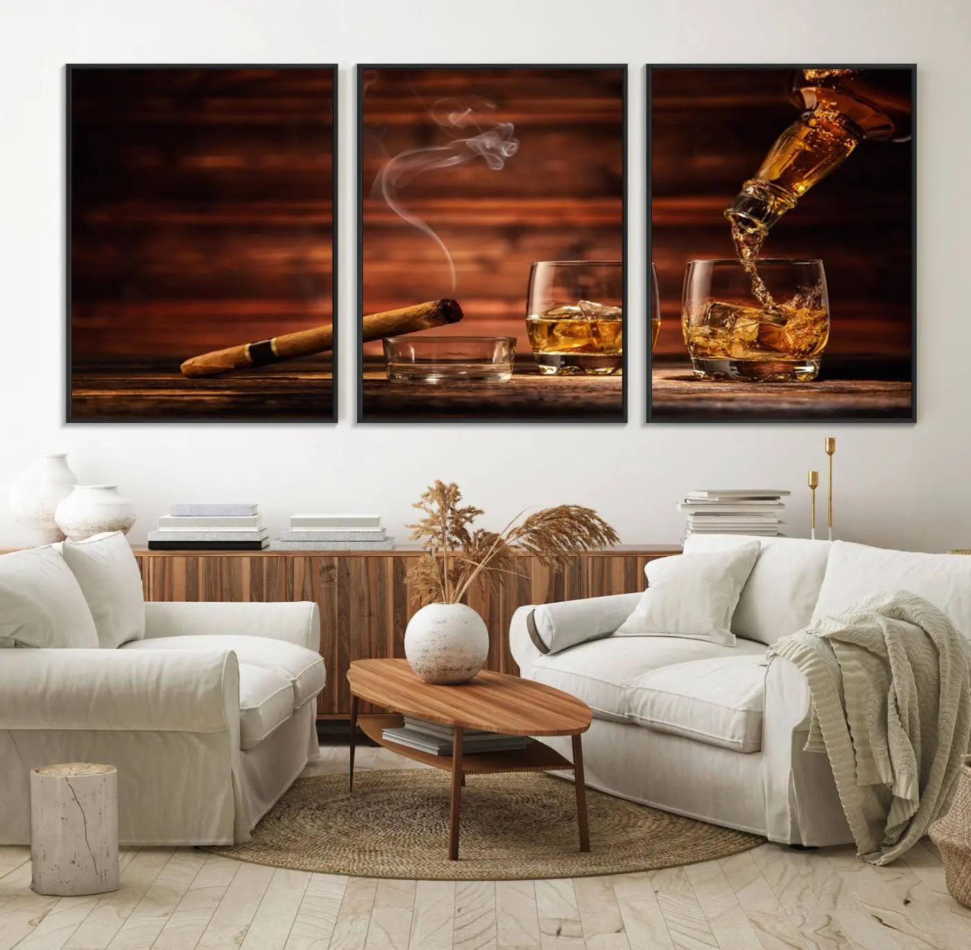 41139-MGV-FC-60X30-3P_Black-Whiskey and Cigar Canvas Wall Art | 3 Panel Bar Room Decor for Home Lounge, Office, or Man Cave |