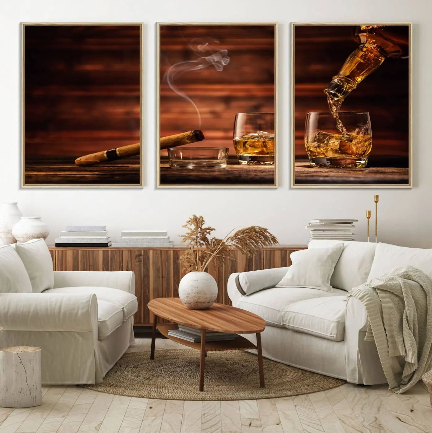 41139-MGV-FC-60X30-3P_Natural-Whiskey and Cigar Canvas Wall Art | 3 Panel Bar Room Decor for Home Lounge, Office, or Man Cave |