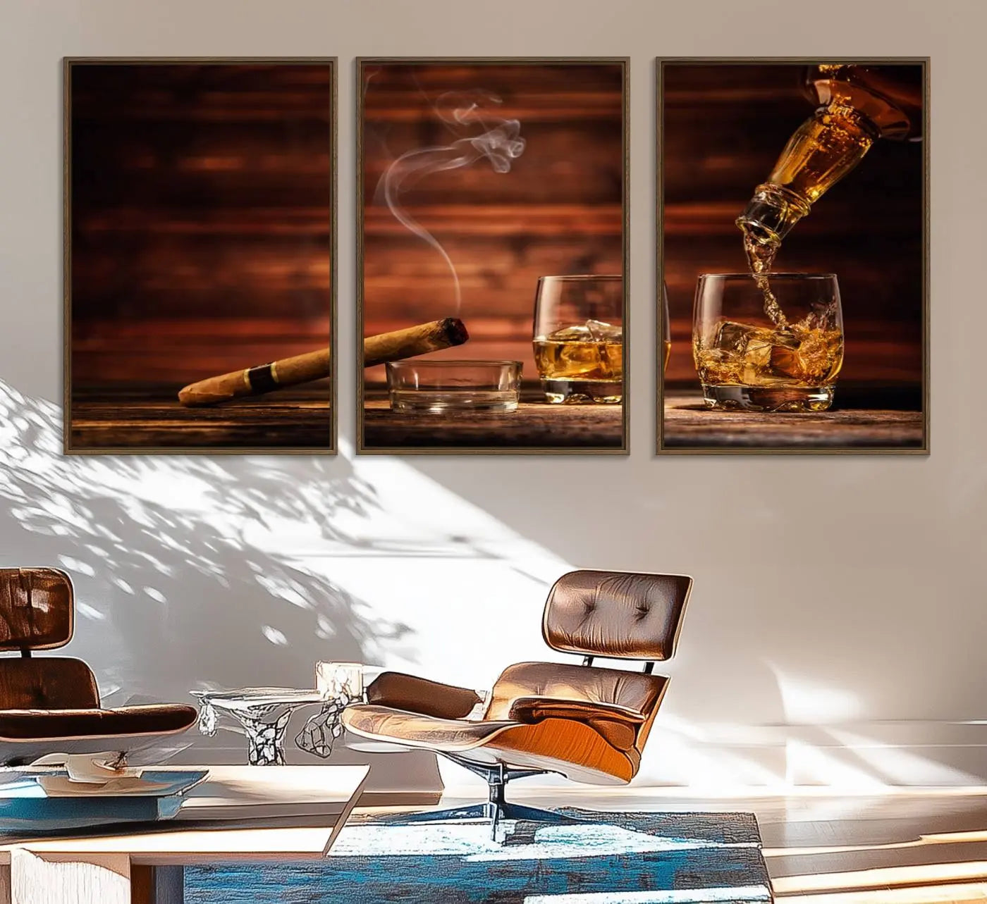 41139-MGV-FC-60X30-3P_Walnut-Whiskey and Cigar Canvas Wall Art | 3 Panel Bar Room Decor for Home Lounge, Office, or Man Cave |