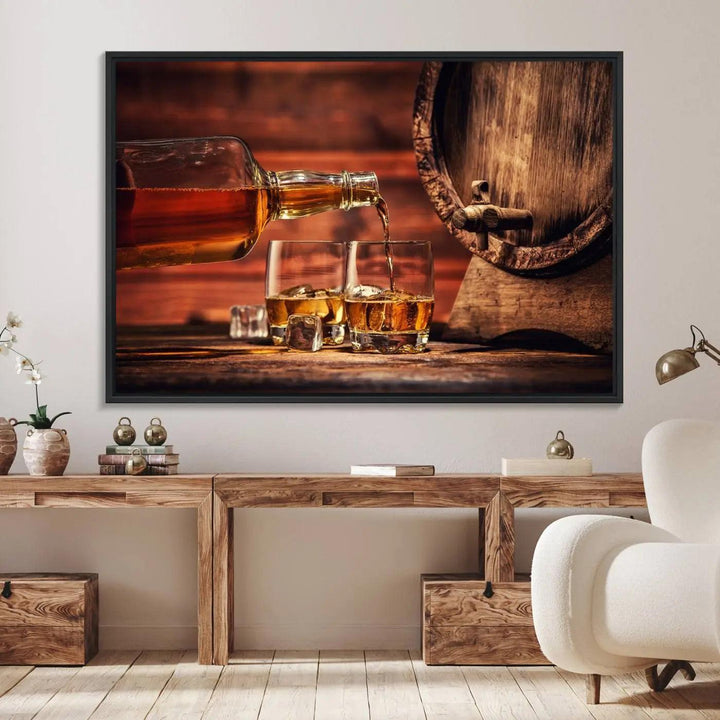 The living room features a canvas wall art depicting whiskey and cigars.