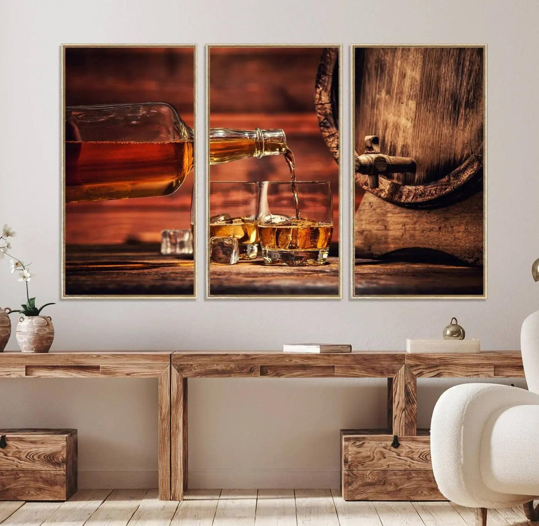 The living room features a canvas wall art depicting whiskey and cigars.