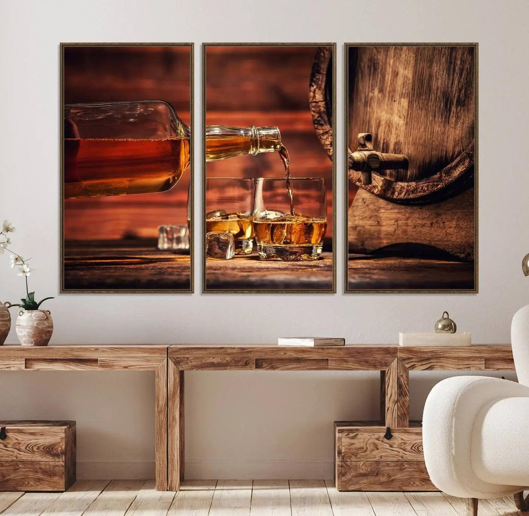 The living room features a canvas wall art depicting whiskey and cigars.