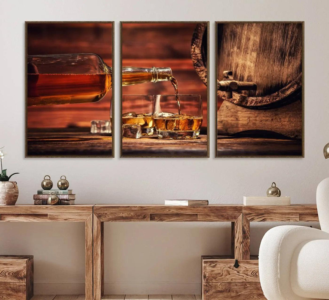 The living room features a canvas wall art depicting whiskey and cigars.