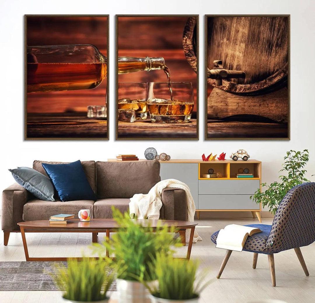 The living room features a canvas wall art depicting whiskey and cigars.