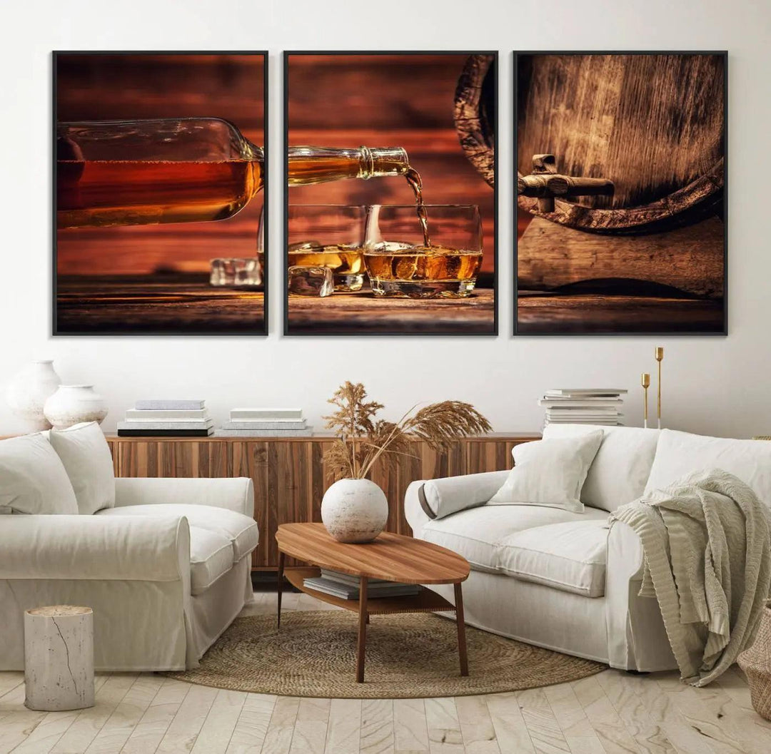 The living room features a canvas wall art depicting whiskey and cigars.