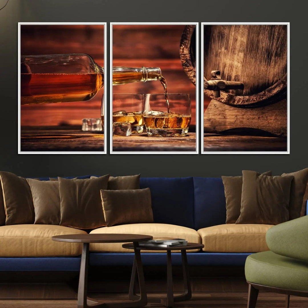 The living room features a canvas wall art depicting whiskey and cigars.
