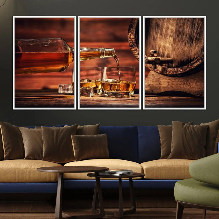 The living room features a canvas wall art depicting whiskey and cigars.