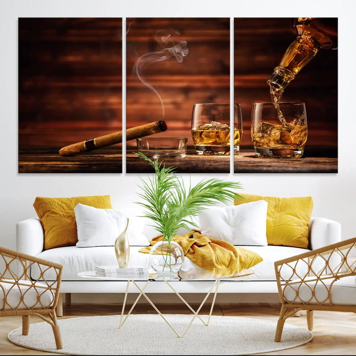 Whiskey and Cigar Wall Art Canvas | 3 Panel Bar Room Decor for Home Lounge, Office, or Man Cave | Premium Ready-to-Hang Artwork