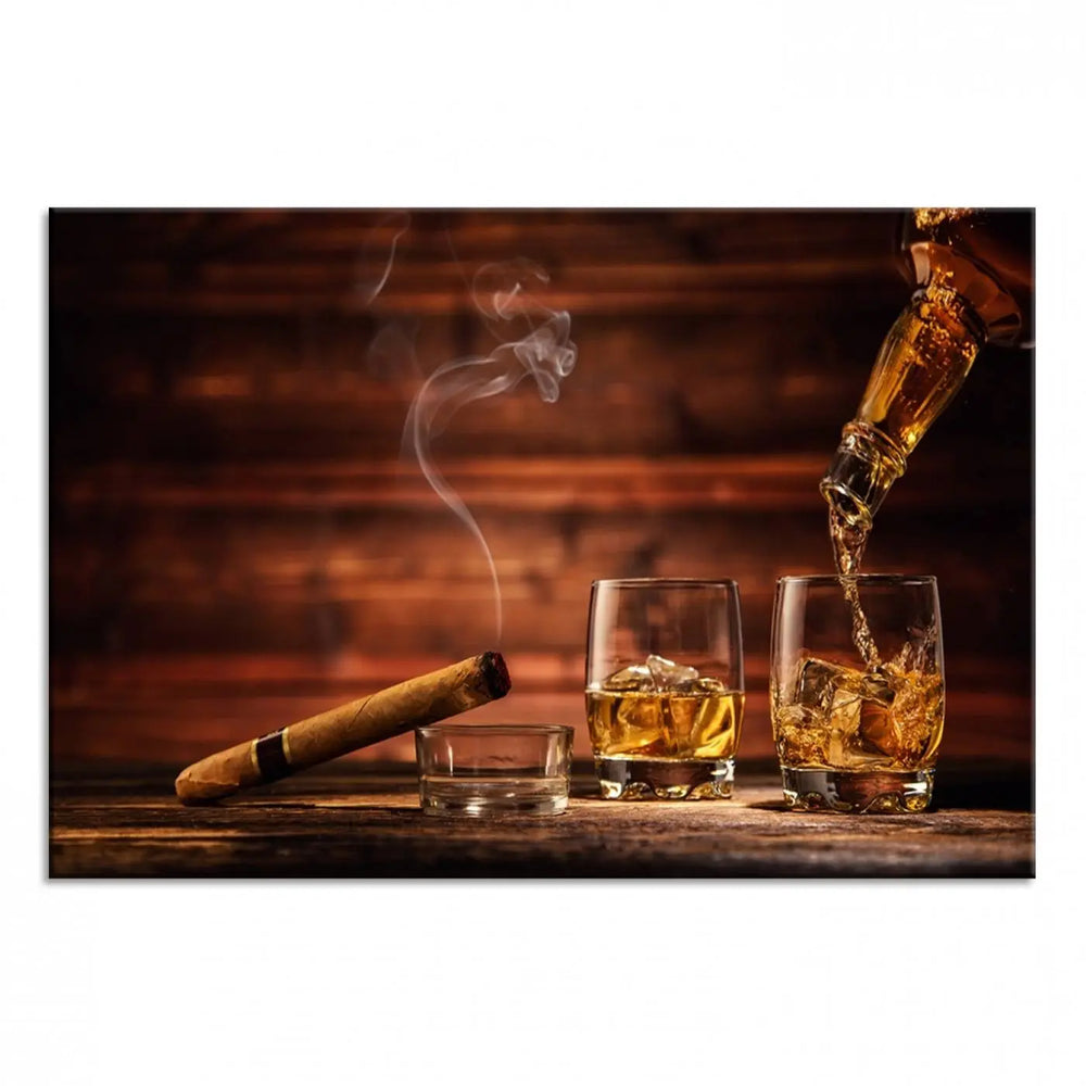 Whiskey and Cigar Canvas Wall Art | 3 Panel Bar Room Decor for Home Lounge, Office, or Man Cave | Premium Ready-to-Hang Artwork