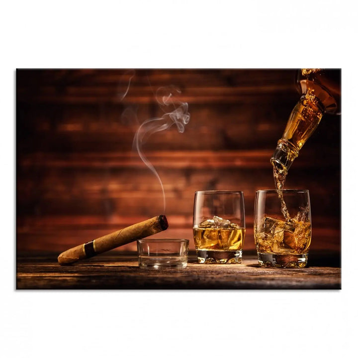 Whiskey and Cigar Canvas Wall Art | 3 Panel Bar Room Decor for Home Lounge, Office, or Man Cave | Premium Ready-to-Hang Artwork
