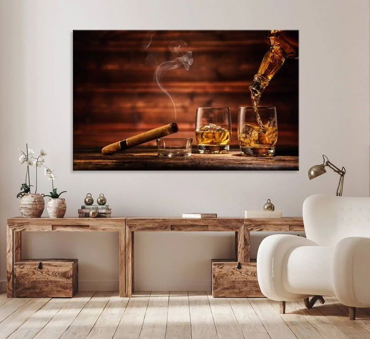 Whiskey and Cigar Canvas Wall Art | 3 Panel Bar Room Decor for Home Lounge, Office, or Man Cave | Premium Ready-to-Hang Artwork