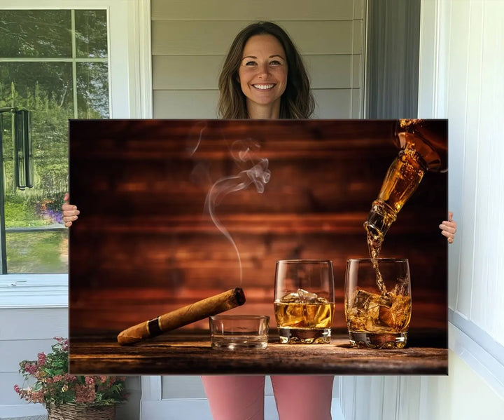 Whiskey and Cigar Canvas Wall Art | 3 Panel Bar Room Decor for Home Lounge, Office, or Man Cave | Premium Ready-to-Hang Artwork