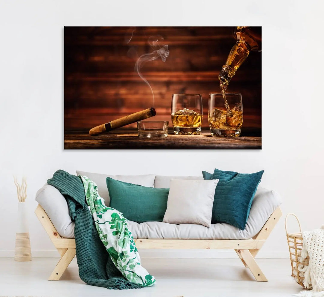 Whiskey and Cigar Canvas Wall Art | 3 Panel Bar Room Decor for Home Lounge, Office, or Man Cave | Premium Ready-to-Hang Artwork