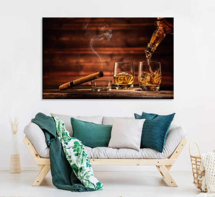 Whiskey and Cigar Canvas Wall Art | 3 Panel Bar Room Decor for Home Lounge, Office, or Man Cave | Premium Ready-to-Hang Artwork