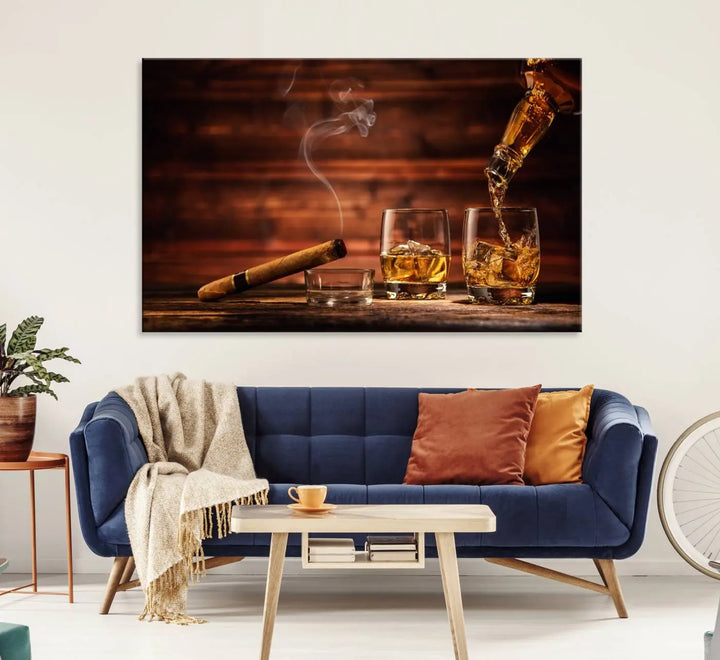 Whiskey and Cigar Canvas Wall Art | 3 Panel Bar Room Decor for Home Lounge, Office, or Man Cave | Premium Ready-to-Hang Artwork