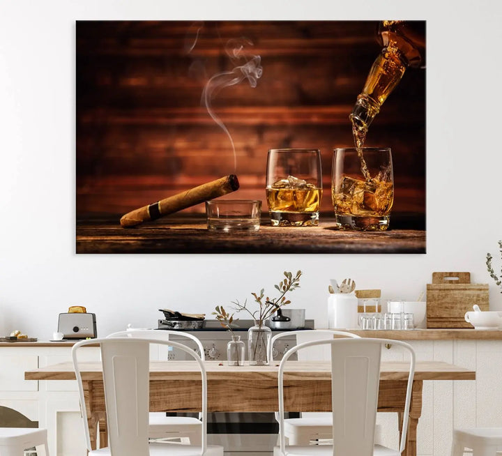 Whiskey and Cigar Canvas Wall Art | 3 Panel Bar Room Decor for Home Lounge, Office, or Man Cave | Premium Ready-to-Hang Artwork