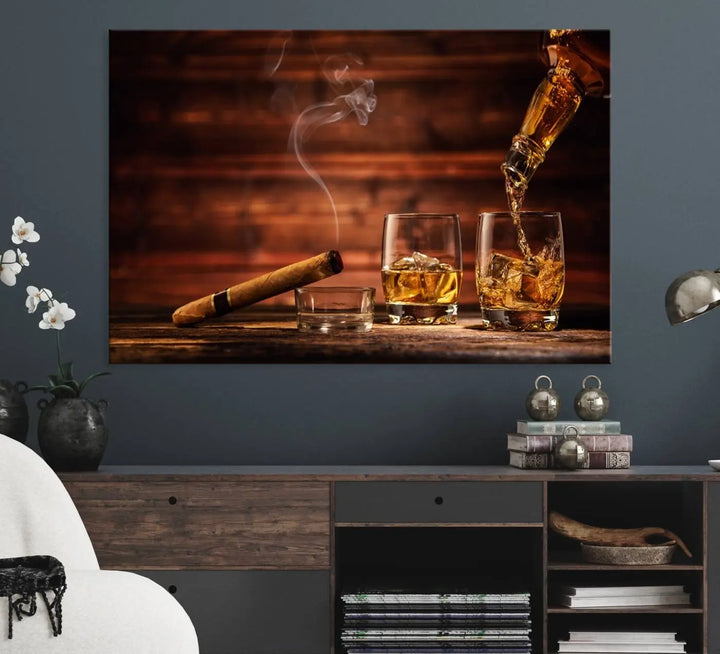 Whiskey and Cigar Canvas Wall Art | 3 Panel Bar Room Decor for Home Lounge, Office, or Man Cave | Premium Ready-to-Hang Artwork