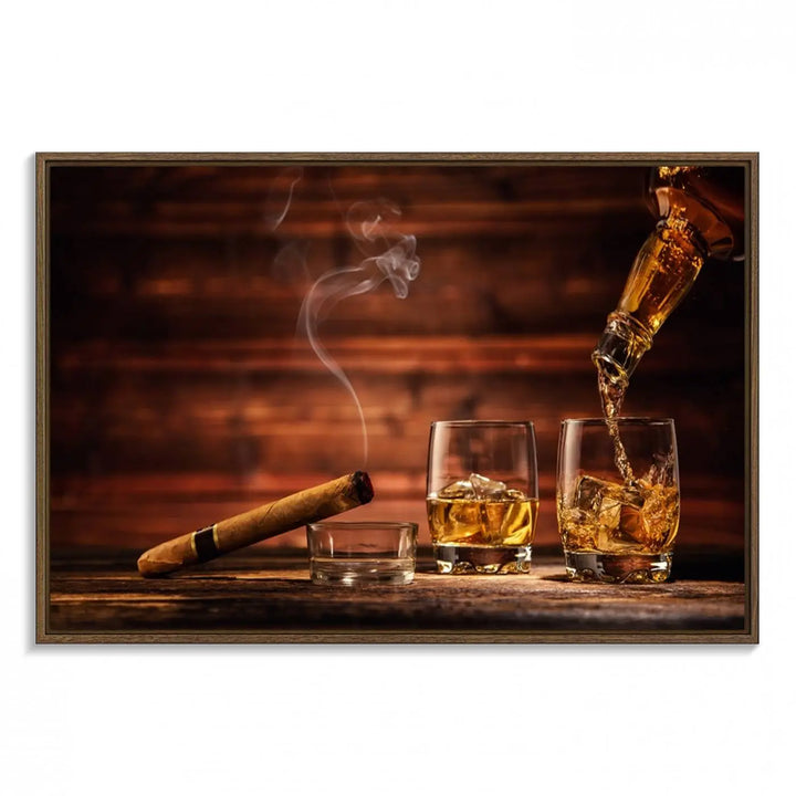 Whiskey and Cigar Canvas Wall Art | 3 Panel Bar Room Decor for Home Lounge, Office, or Man Cave | Premium Ready-to-Hang Artwork