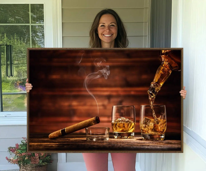 Whiskey and Cigar Canvas Wall Art | 3 Panel Bar Room Decor for Home Lounge, Office, or Man Cave | Premium Ready-to-Hang Artwork