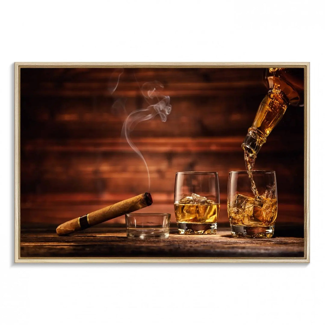 Whiskey and Cigar Canvas Wall Art | 3 Panel Bar Room Decor for Home Lounge, Office, or Man Cave | Premium Ready-to-Hang Artwork