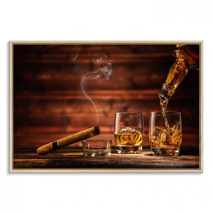 Whiskey and Cigar Canvas Wall Art | 3 Panel Bar Room Decor for Home Lounge, Office, or Man Cave | Premium Ready-to-Hang Artwork