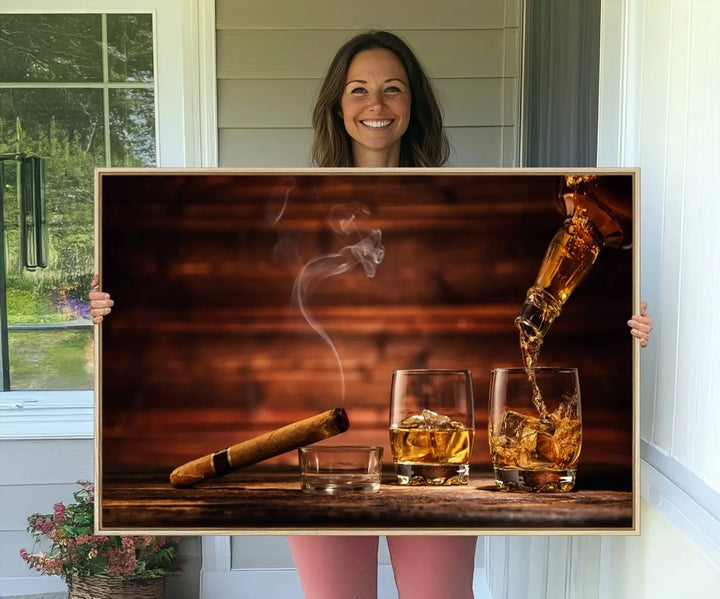 Whiskey and Cigar Canvas Wall Art | 3 Panel Bar Room Decor for Home Lounge, Office, or Man Cave | Premium Ready-to-Hang Artwork