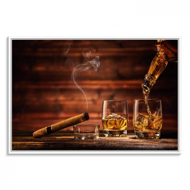 Whiskey and Cigar Canvas Wall Art | 3 Panel Bar Room Decor for Home Lounge, Office, or Man Cave | Premium Ready-to-Hang Artwork