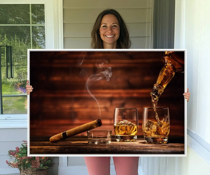 Whiskey and Cigar Canvas Wall Art | 3 Panel Bar Room Decor for Home Lounge, Office, or Man Cave | Premium Ready-to-Hang Artwork