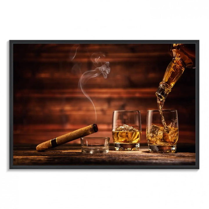 Whiskey and Cigar Canvas Wall Art | 3 Panel Bar Room Decor for Home Lounge, Office, or Man Cave | Premium Ready-to-Hang Artwork