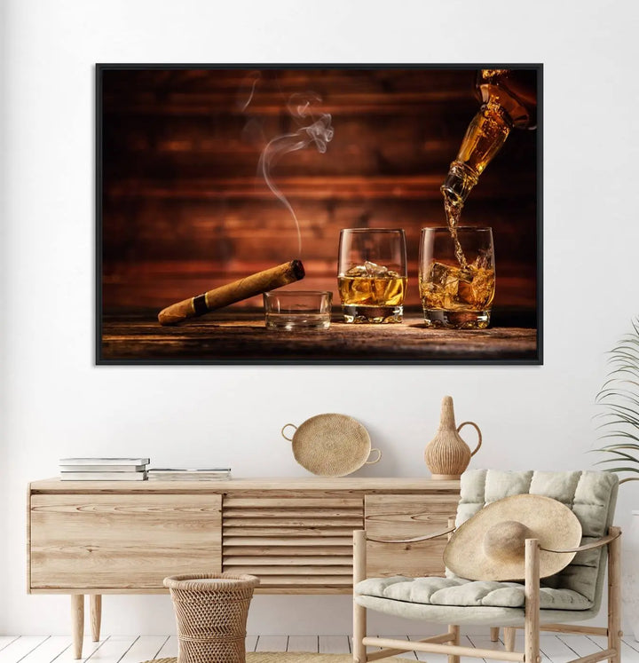 Whiskey and Cigar Canvas Wall Art | 3 Panel Bar Room Decor for Home Lounge, Office, or Man Cave | Premium Ready-to-Hang Artwork