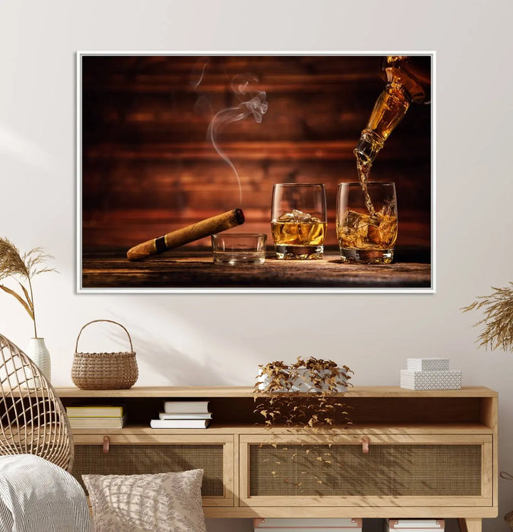 Whiskey and Cigar Canvas Wall Art | 3 Panel Bar Room Decor for Home Lounge, Office, or Man Cave | Premium Ready-to-Hang Artwork