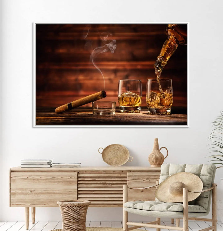 Whiskey and Cigar Canvas Wall Art | 3 Panel Bar Room Decor for Home Lounge, Office, or Man Cave | Premium Ready-to-Hang Artwork