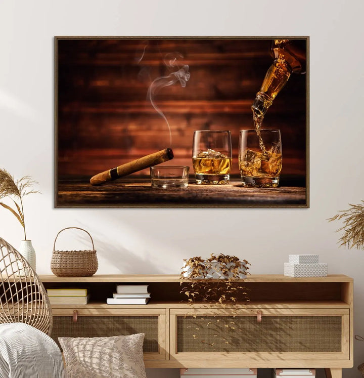 Whiskey and Cigar Canvas Wall Art | 3 Panel Bar Room Decor for Home Lounge, Office, or Man Cave | Premium Ready-to-Hang Artwork