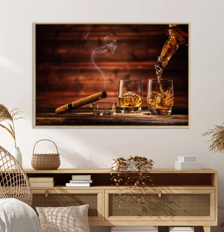 Whiskey and Cigar Canvas Wall Art | 3 Panel Bar Room Decor for Home Lounge, Office, or Man Cave | Premium Ready-to-Hang Artwork