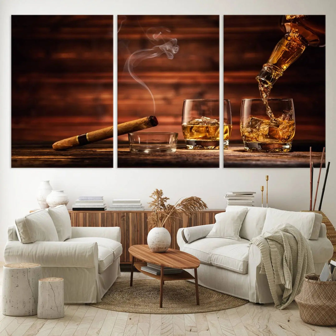 Whiskey and Cigar Canvas Wall Art: 3 Panel Bar Decor; Premium Ready-to-Hang Artwork.