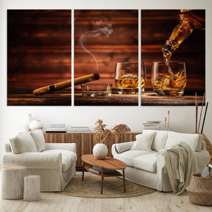 Whiskey and Cigar Canvas Wall Art: 3 Panel Bar Decor; Premium Ready-to-Hang Artwork.