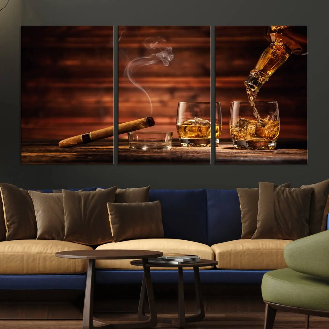 Whiskey and Cigar Canvas Wall Art: 3 Panel Bar Decor; Premium Ready-to-Hang Artwork.