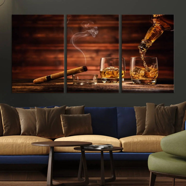 Whiskey and Cigar Canvas Wall Art: 3 Panel Bar Decor; Premium Ready-to-Hang Artwork.