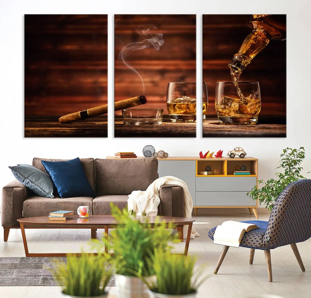 Whiskey and Cigar Canvas Wall Art: 3 Panel Bar Decor; Premium Ready-to-Hang Artwork.