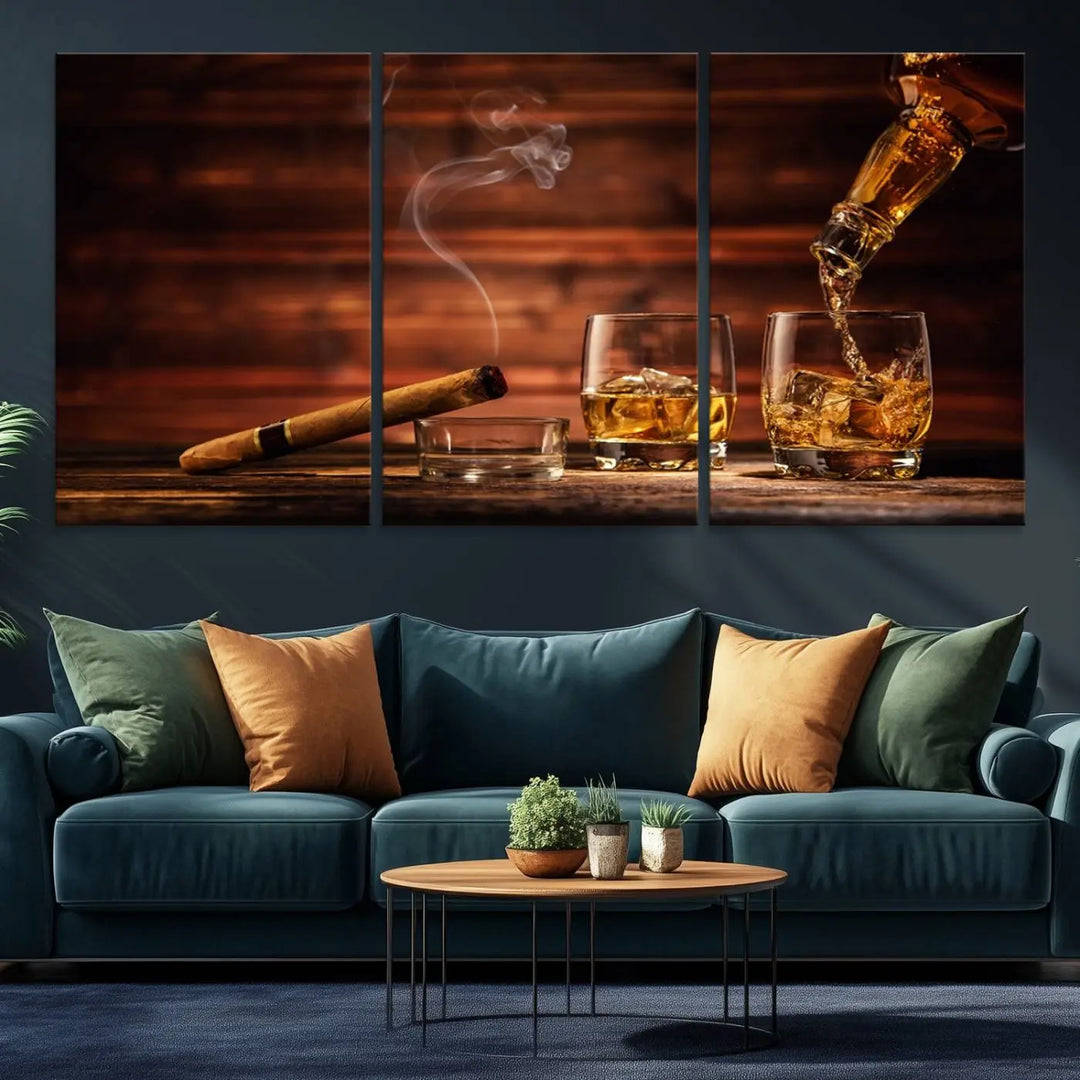 Whiskey and Cigar Canvas Wall Art: 3 Panel Bar Decor; Premium Ready-to-Hang Artwork.