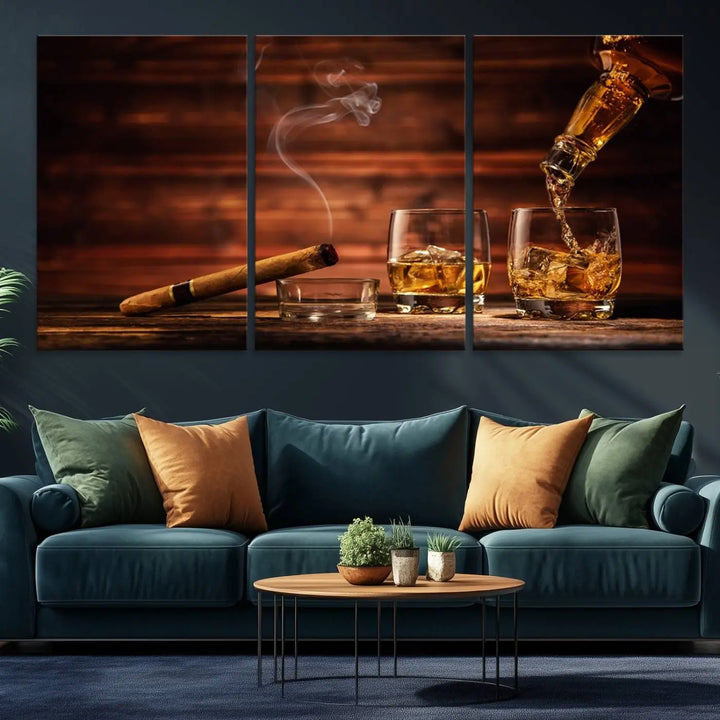 Whiskey and Cigar Canvas Wall Art: 3 Panel Bar Decor; Premium Ready-to-Hang Artwork.
