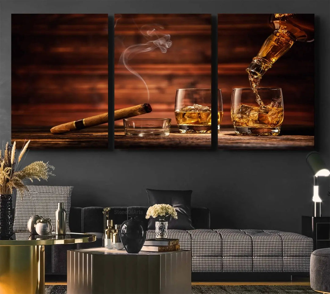 Whiskey and Cigar Canvas Wall Art: 3 Panel Bar Decor; Premium Ready-to-Hang Artwork.