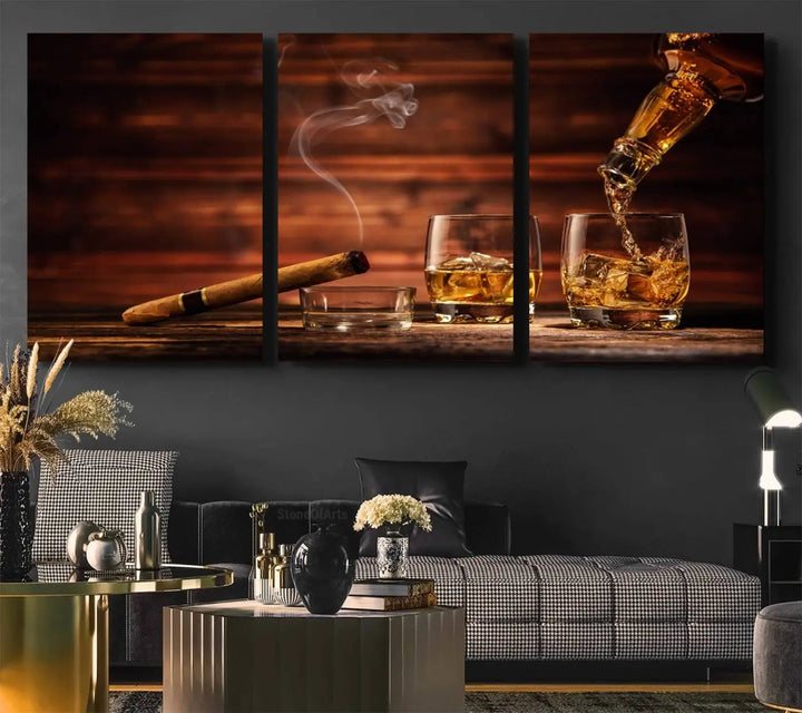 Whiskey and Cigar Canvas Wall Art: 3 Panel Bar Decor; Premium Ready-to-Hang Artwork.