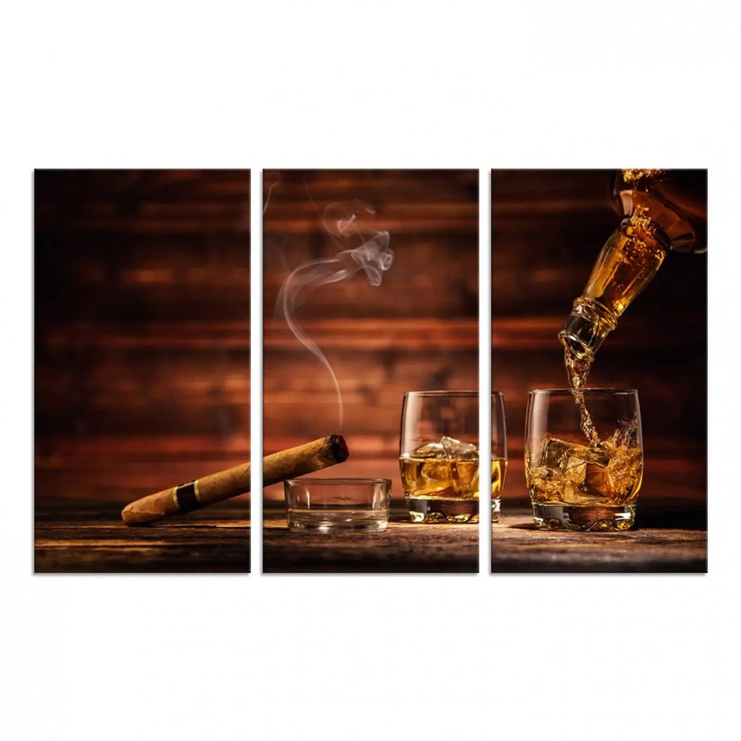 Whiskey and Cigar Canvas Wall Art: 3 Panel Bar Decor; Premium Ready-to-Hang Artwork.