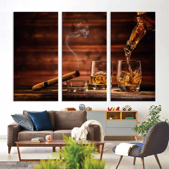 Whiskey and Cigar Canvas Wall Art: 3 Panel Bar Decor; Premium Ready-to-Hang Artwork.